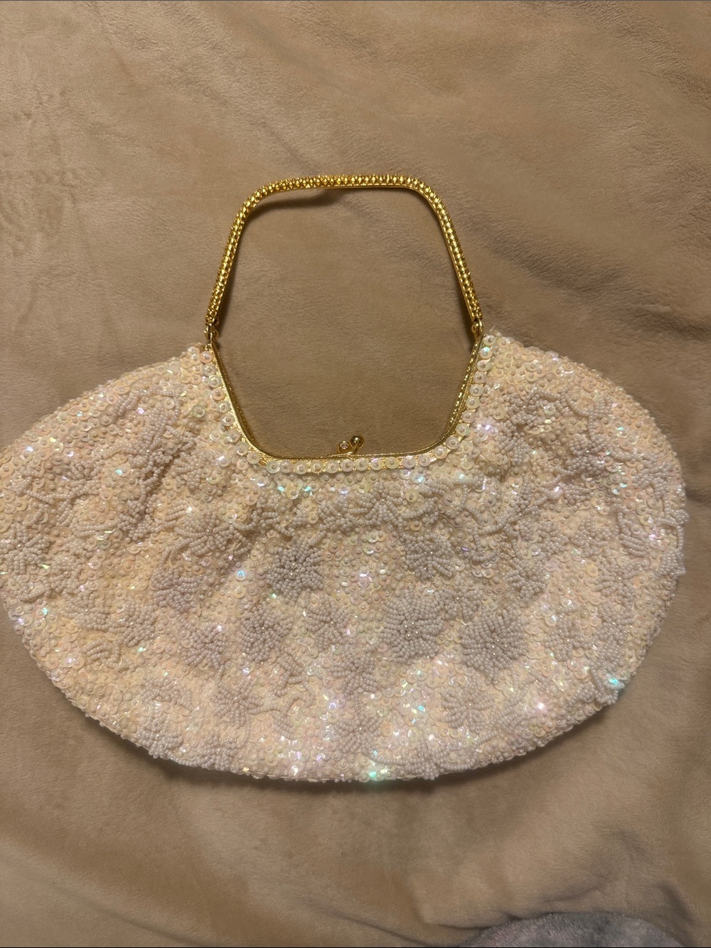 Ivory Sequin Beaded Handbag with Gold Handle
